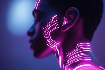 Poster - Cyberpunk Profile: Futuristic portrait of a person with glowing neon circuitry, set against a dark and atmospheric background, capturing a sense of advanced technology and cybernetic enhancement.