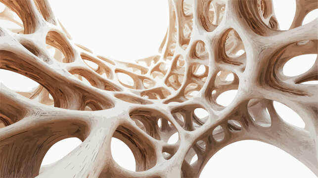 The image is a digitally rendered 3D illustration depicting an abstract organic structure. The structure is predominantly beige and cream in color, with a complex network of interconnected, porous