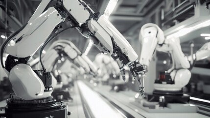 Poster - Massive Robotic Arms Working on Car Assembly Line in Factory Setting