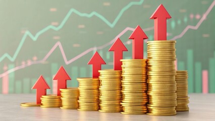 Poster - Golden Growth: Stacks of gold coins with upward-pointing red arrows symbolize financial growth, success, and positive trends against an economic graph background.