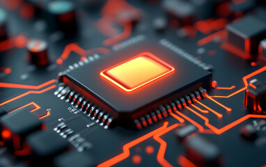 Aufkleber - Close-Up of Glowing Red Microchip on Dark Circuit Board