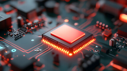 Aufkleber - Close Up of Glowing Red Microchip on Dark Circuit Board