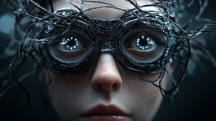 Poster - surreal artistic photography, hybridizing classic portraiture with futuristic cybernetic elements, m