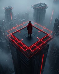 Poster - neo-noir hybrid photography, fusion of black-and-white film with neon cyber aesthetics, dramatic lig