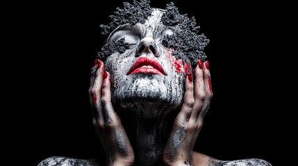 Poster - Hyper-real hybrid portrait, fusion of classic chiaroscuro lighting with AI-generated facial morphing, hauntingly surreal, striking emotional depth, abstract textures blending with hyper-detailed
