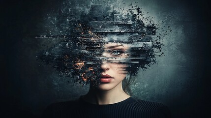Poster - Hyper-real hybrid portrait, fusion of classic chiaroscuro lighting with AI-generated facial morphing, hauntingly surreal, striking emotional depth, abstract textures blending with hyper-detailed