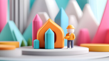 Poster - Colorful Abstract 3D Geometric Visualization with Miniature Figure