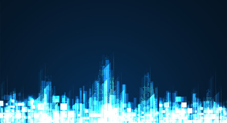 Poster - cityscape on dark blue background with bright glowing neon. technology city background