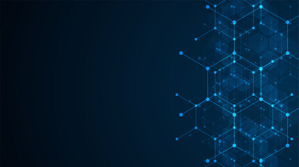 Poster - Hexagons pattern on blue background. Genetic research, molecular structure. Chemical engineering. Concept of innovation technology. Used for design healthcare, science and medicine background