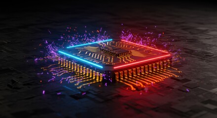 Poster - Futuristic Microchip Technology: Neon Glow and Data Streams