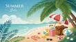 © Khritthithat - Relaxing Beach Scene with Umbrella, Flip Flops, and Summer Sale Promotion on a Beautiful Tropical Shoreline