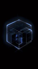 Poster - Glowing Blue Cube Abstract Digital Art