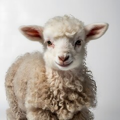 cute baby lamb, curious baby goat standing on all fours, adorable fluffy sheep portrait closeup farm