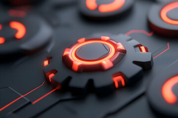 Poster - Glowing Holographic Futuristic Interface with Red and Black Gears