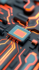 Poster - Glowing Orange Circuit Board with Integrated Microchip
