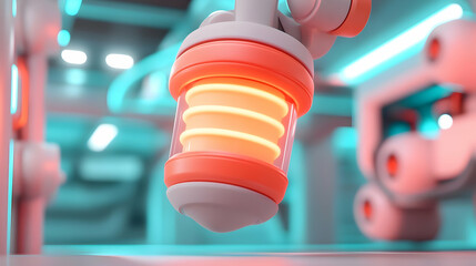Poster - Glowing Orange Robotic Arm in Futuristic Teal Factory