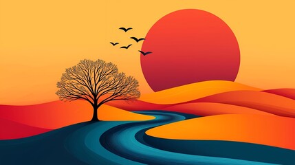 Poster - Serene Sunset Landscape Meandering River, Barren Tree, and Vibrant Sky