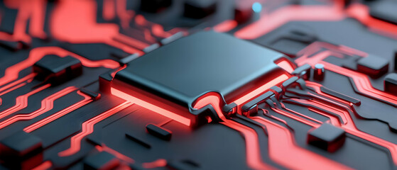 Poster - Glowing Red Circuit Board with Central Processor