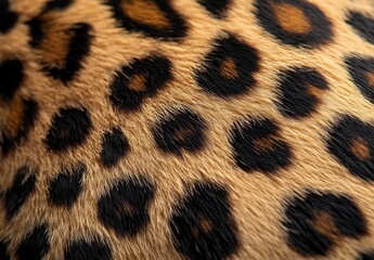 Poster - Close-up of Beautiful Leopard Fur Showcasing Unique Patterns and Textures with Distinctive Dark Spots on Light Brown Background