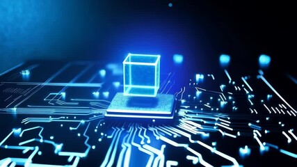 Poster - a futuristic, high tech scene featuring a central glowing cube, suspended above a circuit platform. 