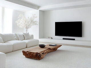 Fototapete - A modern, minimalistic living room featuring a white sofa, wooden coffee table, and a large television on a clean, light-colored wall