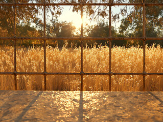 Aufkleber - A golden field at sunset viewed through a grid, capturing the beauty and tranquility of nature