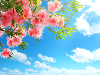 Aufkleber - A vibrant scene featuring pink flowers against a bright blue sky, creating a cheerful and serene atmosphere