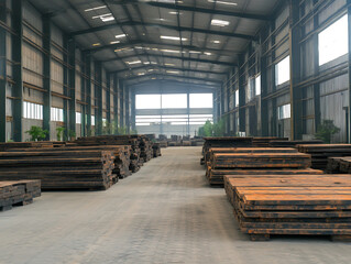 Poster - A spacious warehouse filled with stacked wooden pallets, featuring large windows that allow natural light to illuminate the interior