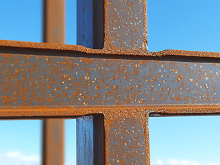 Poster - A close-up view of a rusted metal cross-section, showcasing textures and colors against a clear blue sky