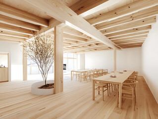 Fototapete - A minimalist interior space featuring wooden beams, light-colored wood flooring, a central tree planter, and a long table surrounded by chairs