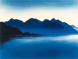 Poster - A tranquil landscape featuring dark blue mountains reflected in calm water under a gradient sky
