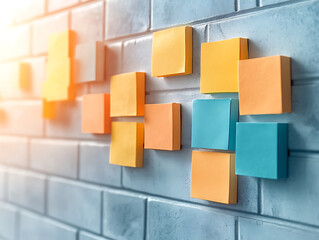 Poster - A vibrant arrangement of colorful sticky notes on a textured wall, creating a visually appealing and organized display