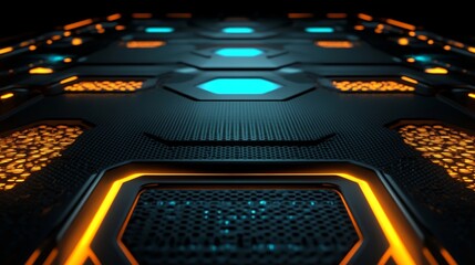 Poster - Futuristic pathway with glowing lights and geometric patterns on a black textured background