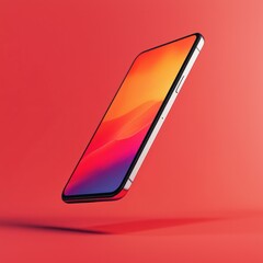 Fototapete - Smartphone display suspended in mid-air with a vibrant red backdrop for tech mockups.