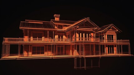 Aufkleber - Orange wireframe drawing of a large house with balconies against a dark background