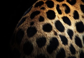 Poster - Close-up View of Leopard Fur Showing Distinctive Patterns and Textures Against a Dark Background, Ideal for Nature and Wildlife Themes