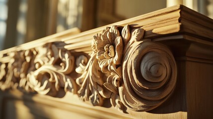 Poster - Exquisite Close-up of Intricate Wooden Carving on Decorative Mantel