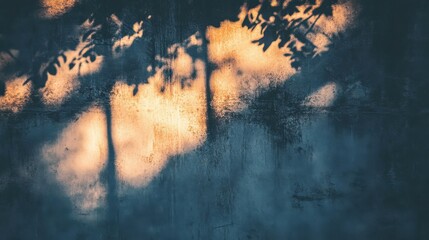 Poster - Shadows of Leaves on a Gritty Wall at Dusk with Soft Glow