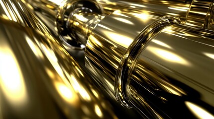 Poster - Shiny Metallic Pipes with Reflections in Gold Hue and Light Play