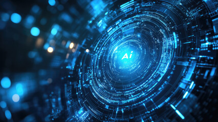 Aufkleber - Futuristic digital AI interface with glowing blue circuits and technology elements, cyber network visualization, artificial intelligence concept, data processing tunnel, high-tech innovation.