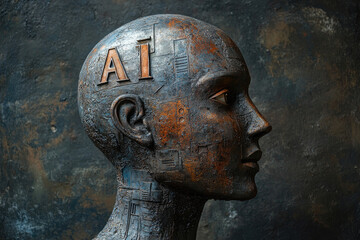 Poster - cybernetic AI humanoid robot with futuristic mechanical face,artificial intelligence interface. Concept of robotics, machine learning,advanced cybernetics.copy space,banner.