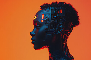 Poster - Futuristic black female humanoid robot with realistic face AI inscription,symbolizing advanced robotics,artificial intelligence,the integration of human-like machines society.banner,copy space