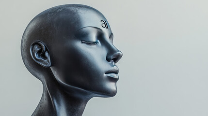 Poster - Futuristic female humanoid robot with realistic face AI inscription on the head,symbolizing advanced robotics,artificial intelligence,the integration of human-like machines society.banner,copy space