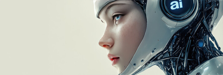 Poster - Futuristic female humanoid robot with realistic face AI inscription on the head,symbolizing advanced robotics,artificial intelligence,the integration of human-like machines society.banner,copy space