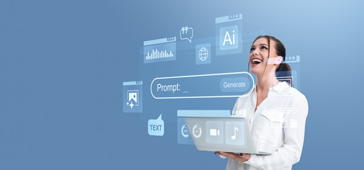 Fototapete - Woman using futuristic AI-powered interface with floating digita
