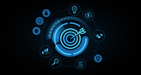 Poster - Abstract futuristic digital target with business strategy icons. 3D Rendering