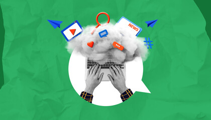 Poster - Hands typing on a laptop with a cloud of digital icons representing social media, news, and communication on a green textured background.