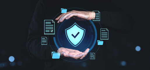 Poster - cybersecurity data protection concept with shield and digital documents.