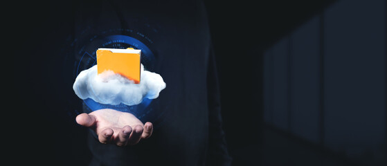 Fototapete - Cloud data management concept with a floating folder above a digital cloud.