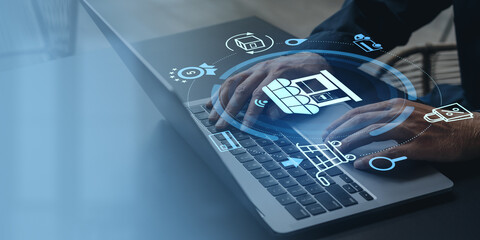 Poster - online shopping with digital hologram interface on laptop.